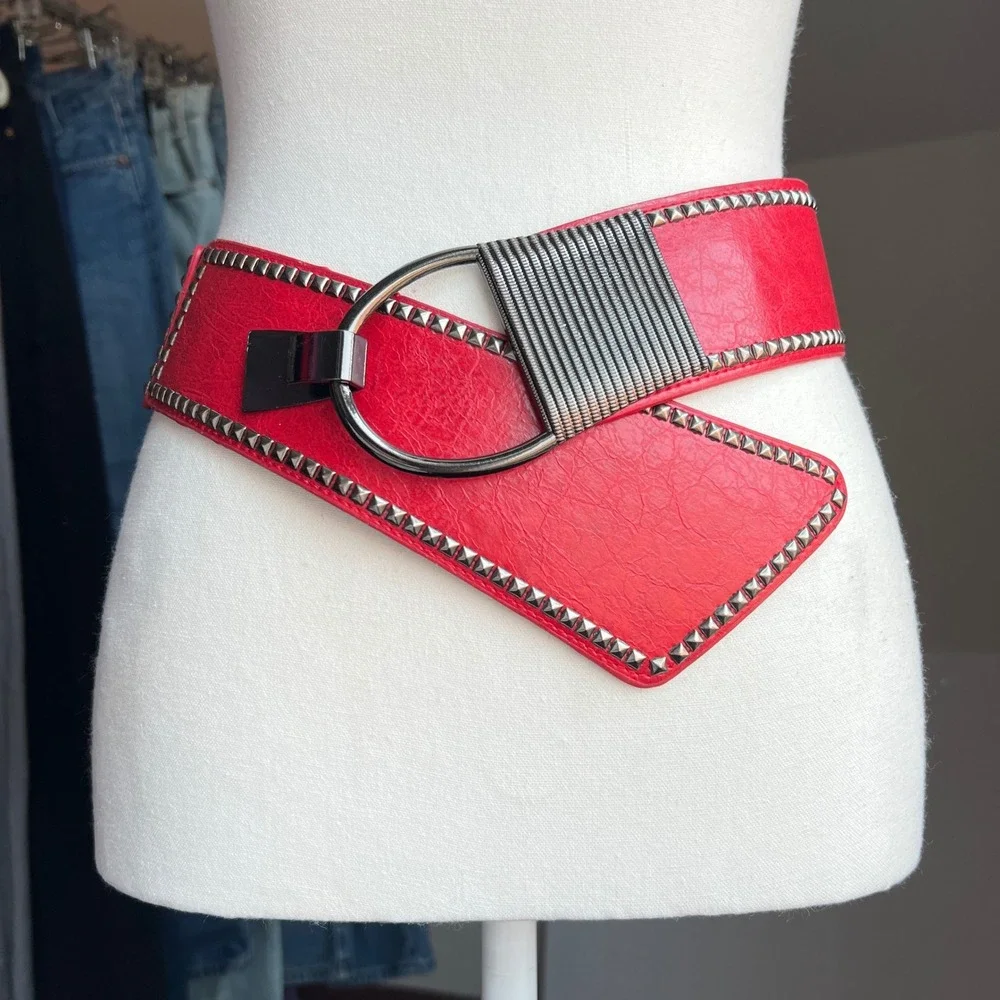 Y2K Studded Asymmetrical Elastic Cinch Waist Belt Statement Red Punk Thick Wide